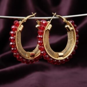 Gold Ruby-Red Crystal Beaded Hoop Earrings