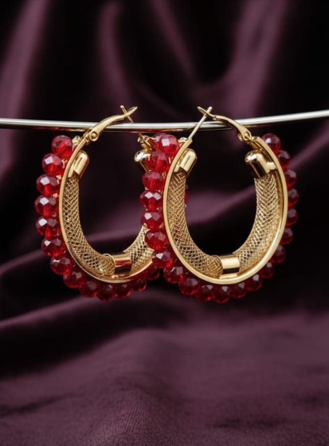 Gold Ruby-Red Crystal Beaded Hoop Earrings