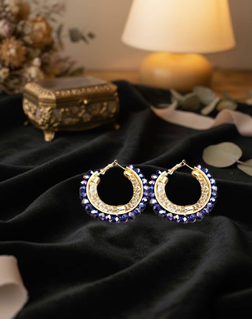 Gold & Deep Blue Crystal Hoop Earrings