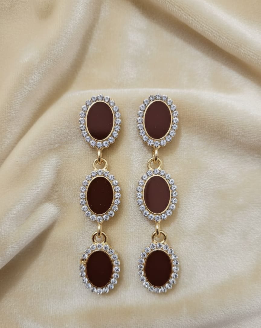 Gold Triple-Tier Chocolate Brown Drop Earrings