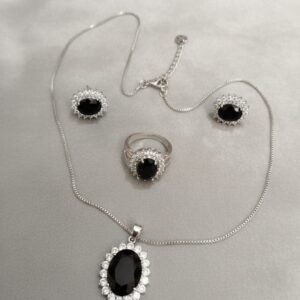 Black Onyx Halo Silver Necklace, Ring & Stud Set