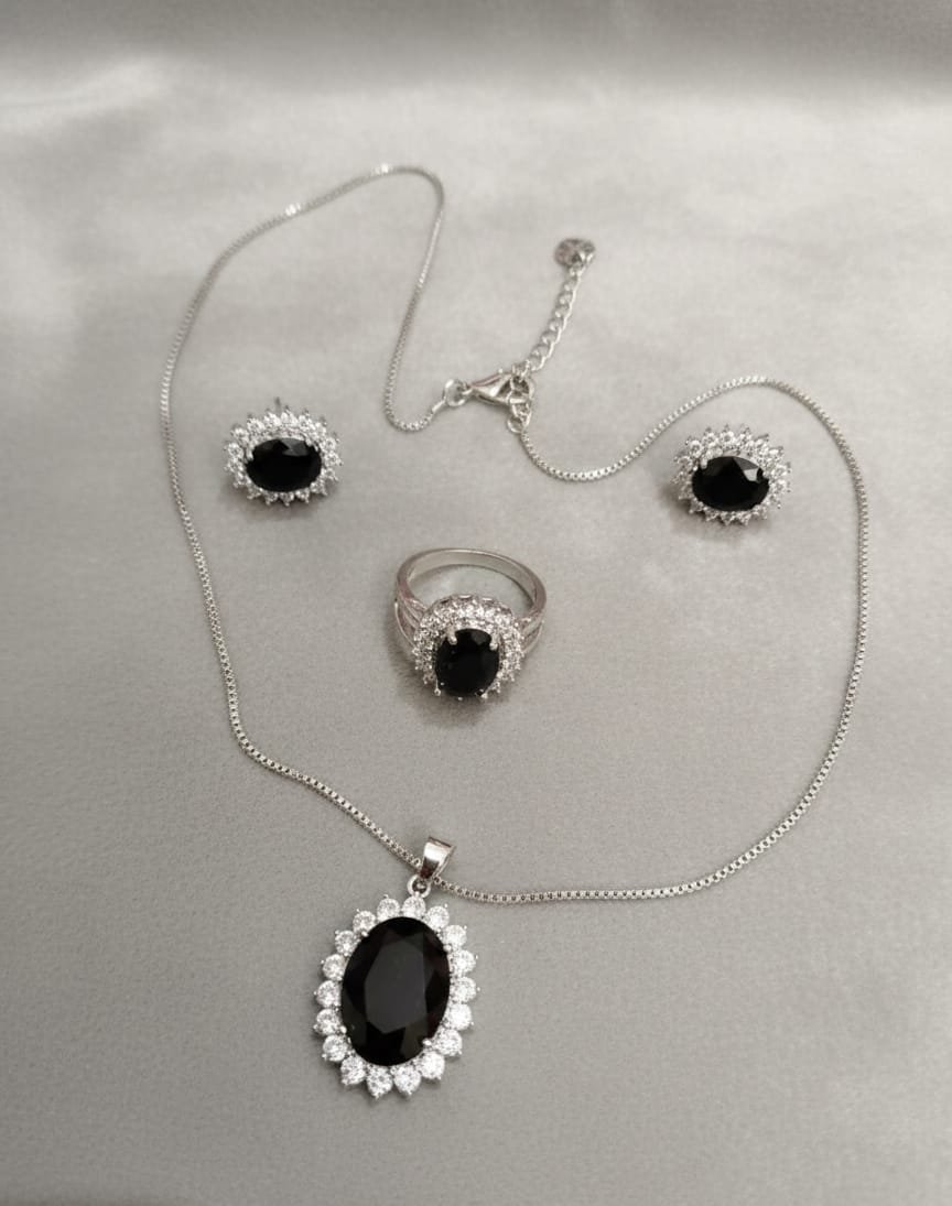 Black Onyx Halo Silver Necklace, Ring & Stud Set