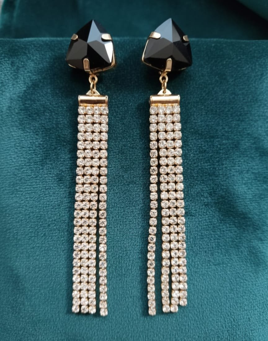 Golden Black Gemstone Fringe Tassel Earrings