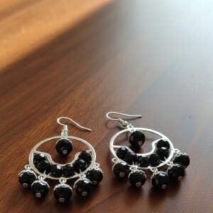 Silver Crescent Black Crystal Chandelier Earrings
