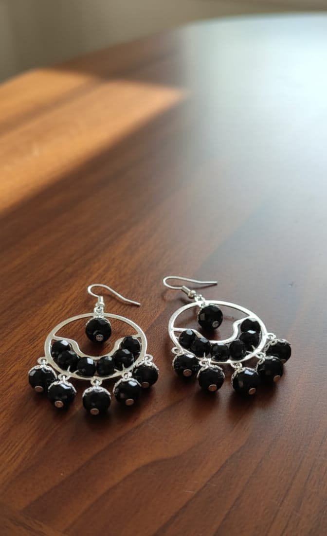 Silver Crescent Black Crystal Chandelier Earrings