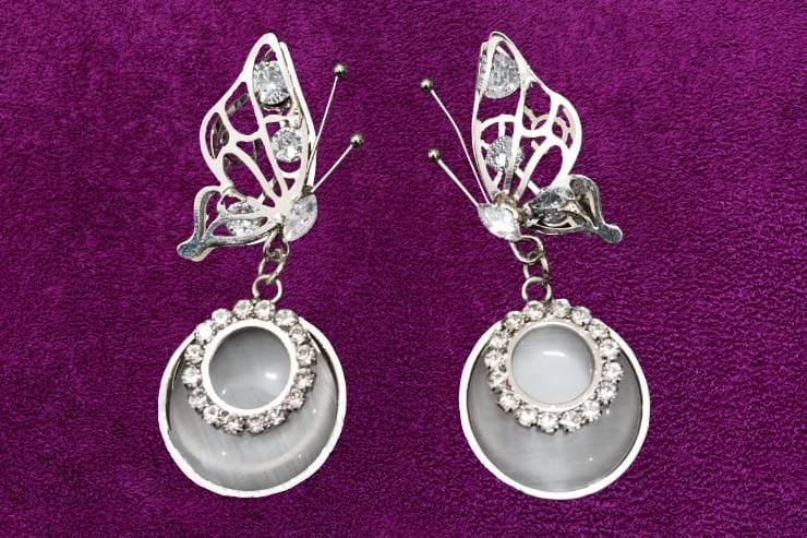 Silver Crystal Butterfly & Cat-Eye Halo Drop Earrings