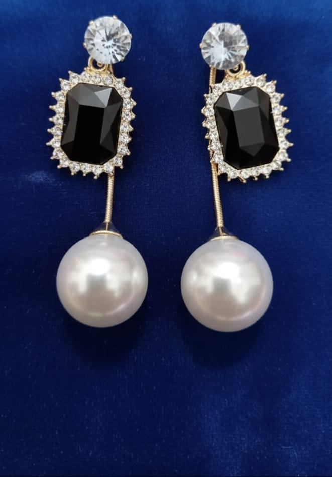 Gold Black Gemstone Halo & Pearl Drop Earrings