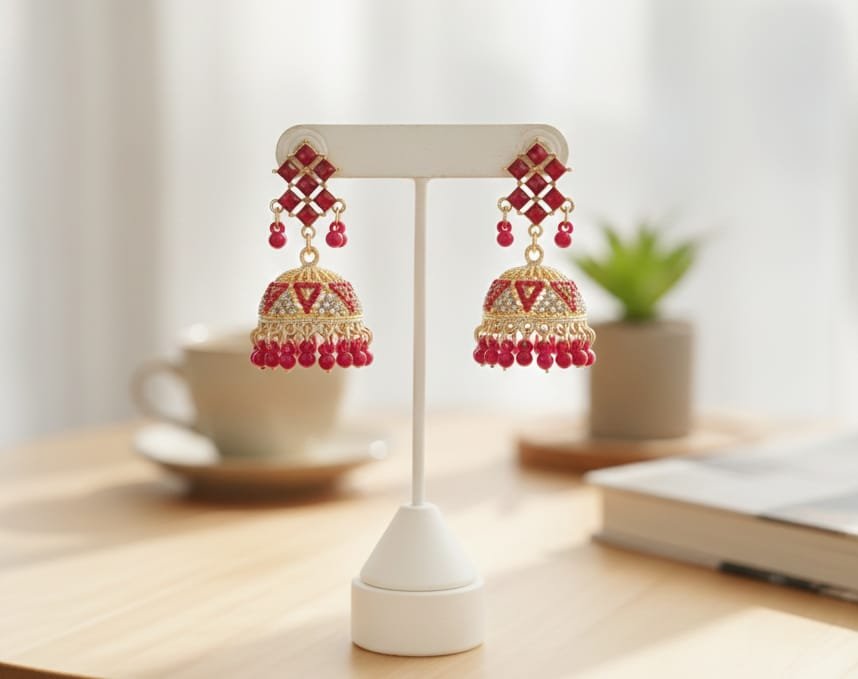 Red & Gold Geometric Jhumka Earrings