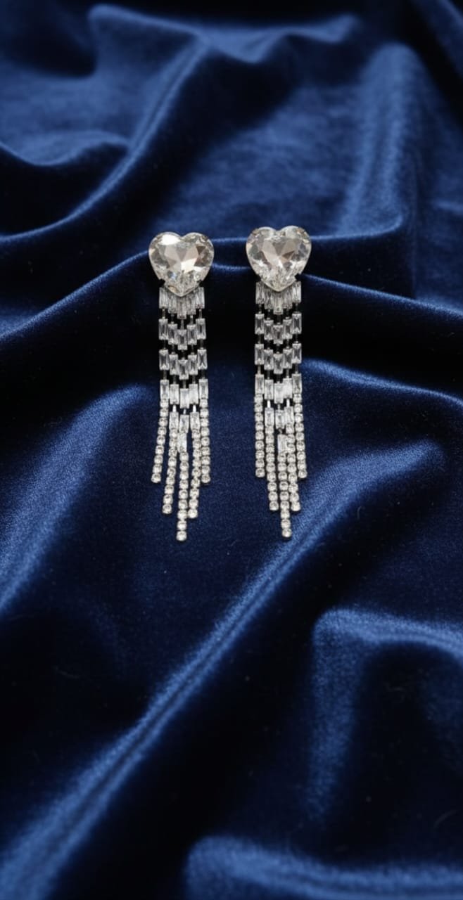 Silver Heart & Baguette Crystal Tassel Earrings