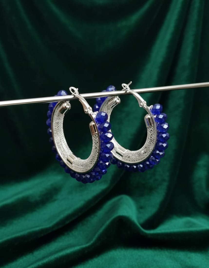 Cobalt Blue Crystal Mesh Silver Hoop Earrings