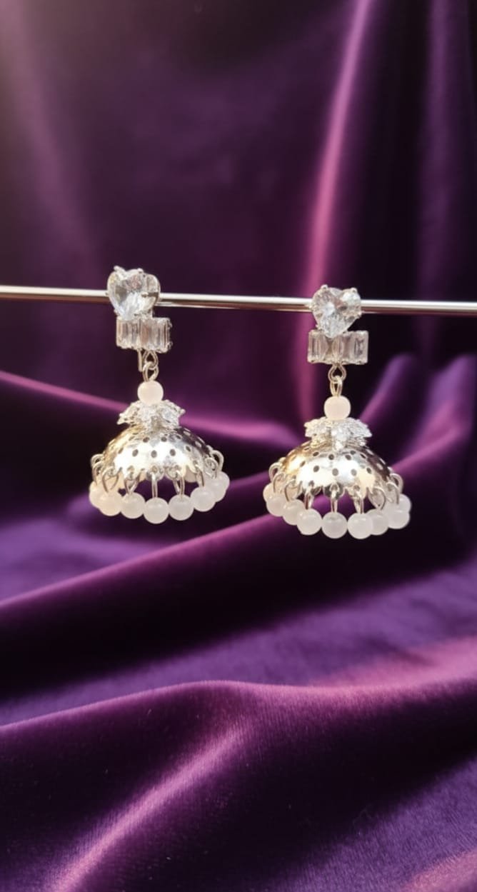 Silver Heart Stud & Pearl Jhumka Earrings