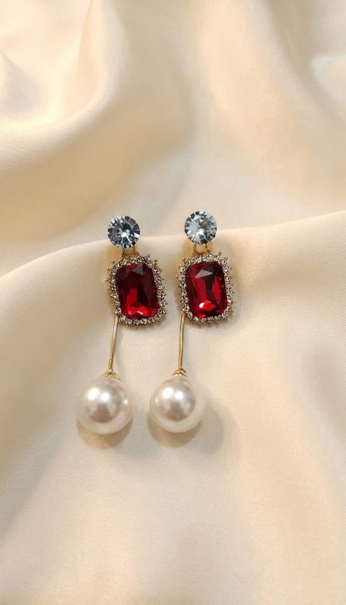 Gold Emerald-Cut Ruby & Pearl Drop Earrings