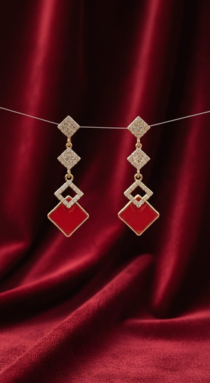 Gold Triple Diamond Red Enamel Linear Drop Earrings