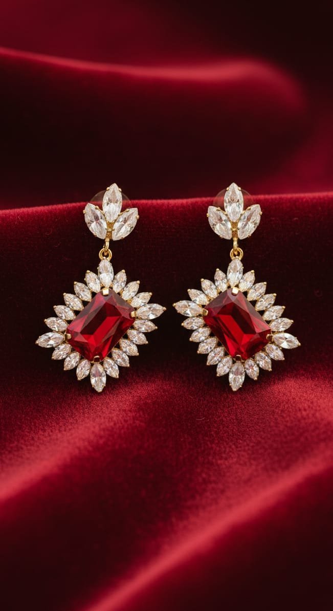 Gold & Ruby Marquise Starburst Drop Earrings