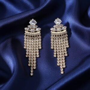 Golden Diamond-Top Cascading Crystal Tassel Earrings