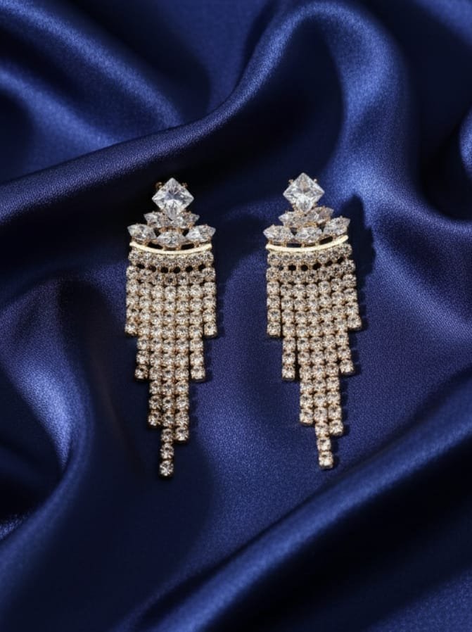 Golden Diamond-Top Cascading Crystal Tassel Earrings