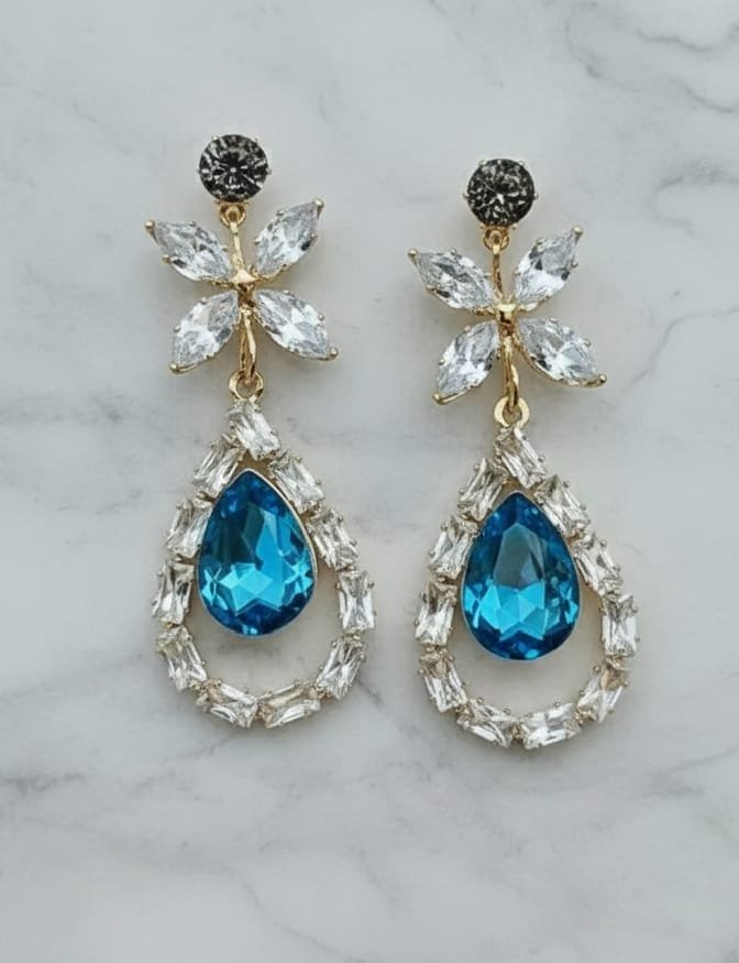 Gold Blue Teardrop Marquise Frame Earrings