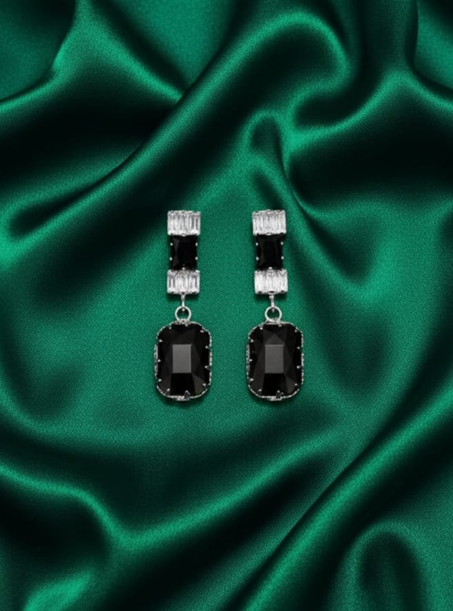 Silver Stacked Emerald-Cut Onyx Drop Earrings