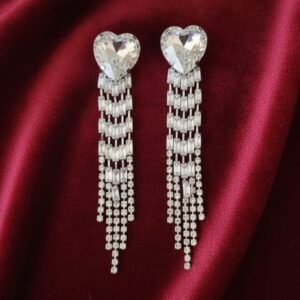 Silver Heart Stud Waterfall Crystal Chandelier Earrings