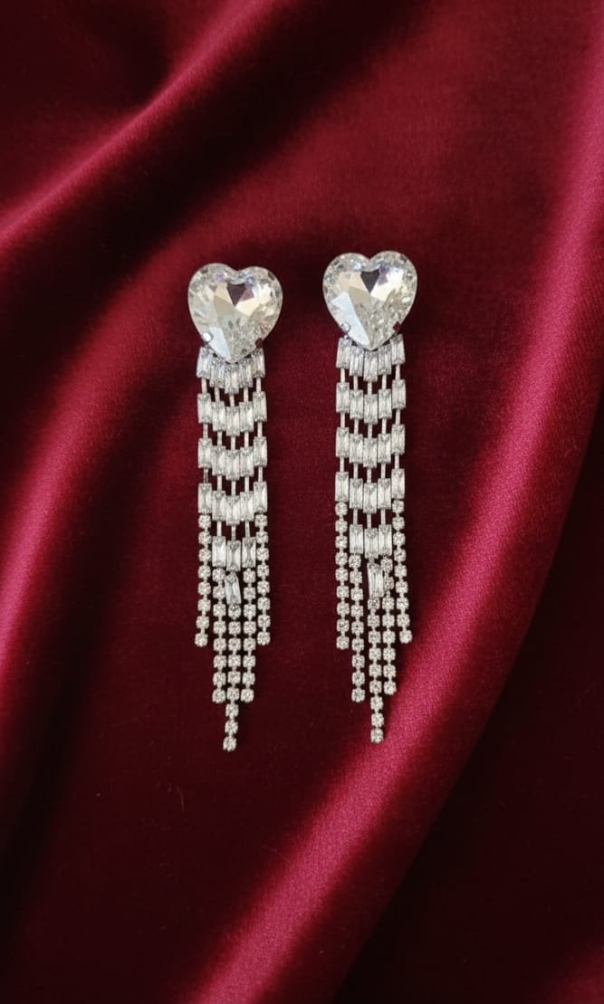 Silver Heart Stud Waterfall Crystal Chandelier Earrings