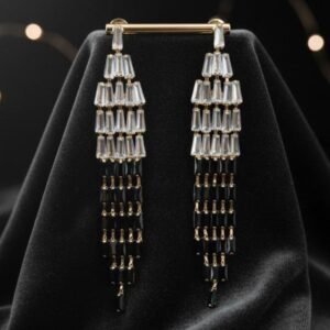 Gold Dual-Tone Clear & Black Baguette Tassel Earrings