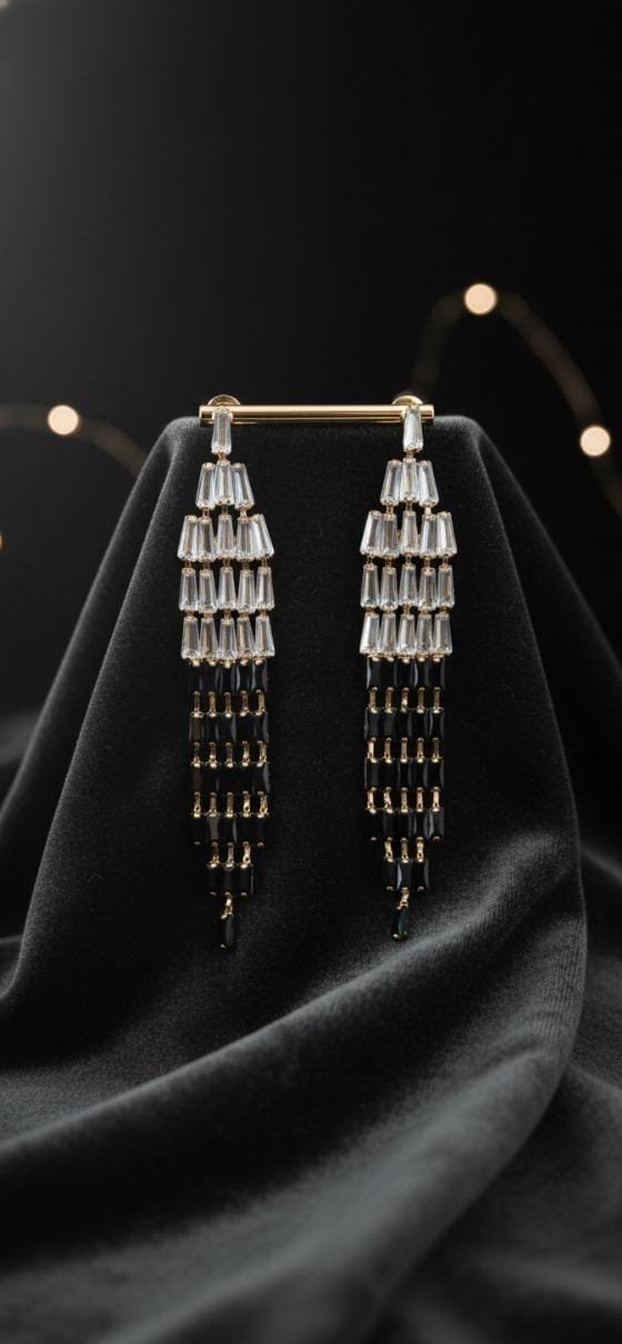 Gold Dual-Tone Clear & Black Baguette Tassel Earrings