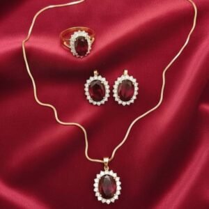 Gold & Oval Garnet Red Halo Jewelry Set