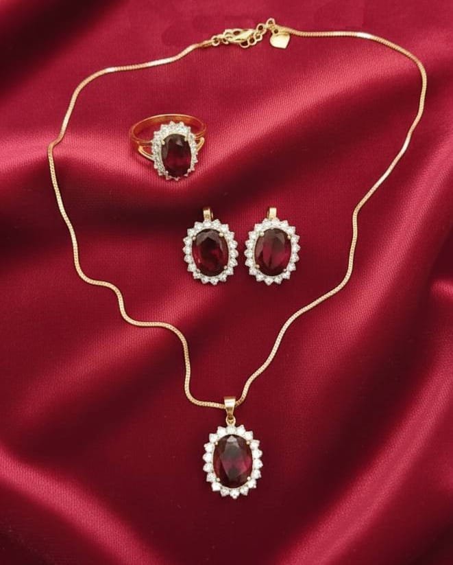 Gold & Oval Garnet Red Halo Jewelry Set