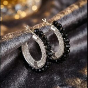 Mesh Texture Black Crystal Hoop Earrings
