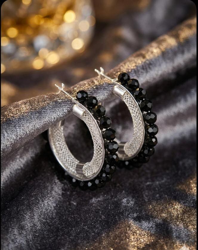 Mesh Texture Black Crystal Hoop Earrings